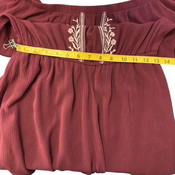 Maroon Love Fire Boho Romper With Embroidered Floral Design & Bell Sleeves - Picture 8 of 12